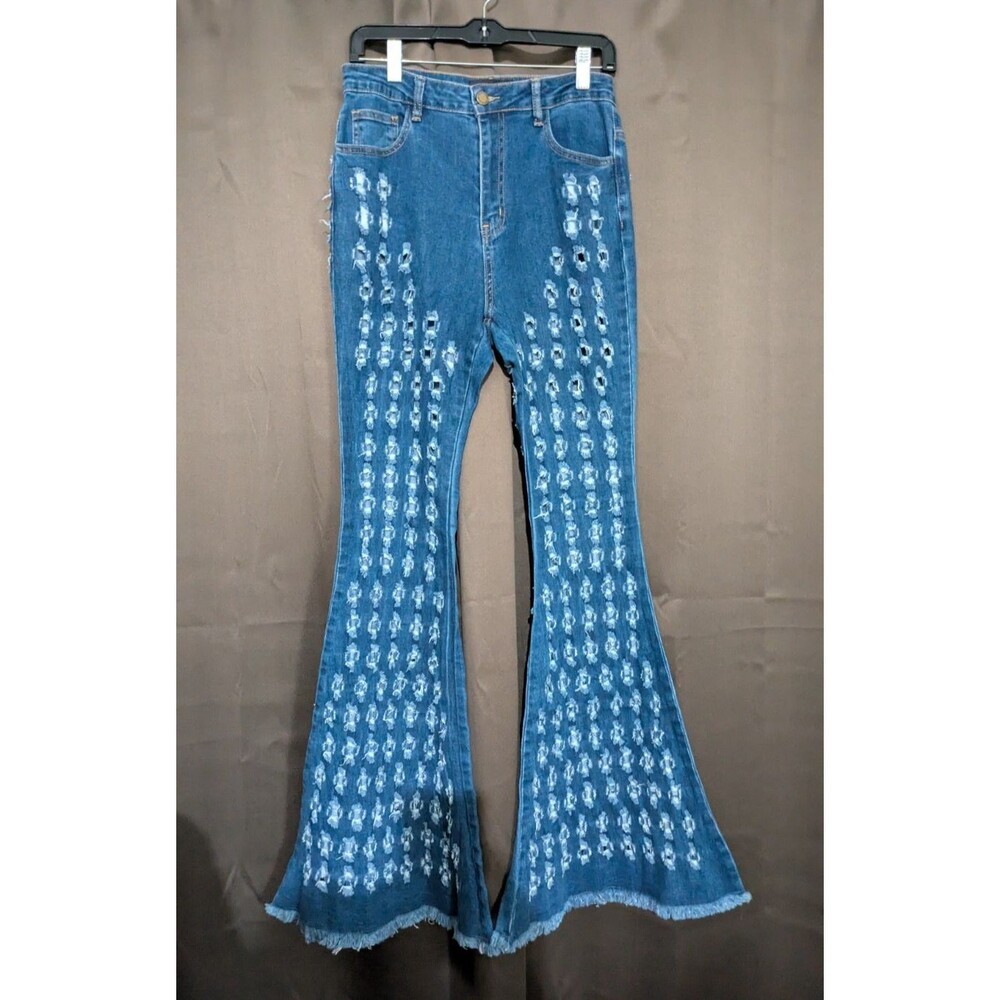 Purple Candy Women's Large Cutouts Fringe Flares Denim Distressed Stretch Jeans